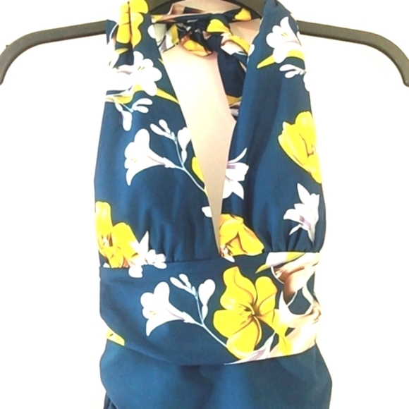 CUPSHE TEAL YELLOW FLORAL HALTER TIE PLUNGE V-NECK SWIMSUIT SIZE SMALL NWT - Picture 6 of 7
